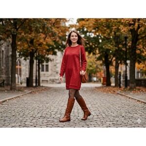 WE Burgundy Red V-Neck Sweatshirt Dress Metallic Shimmer Trim Size L
